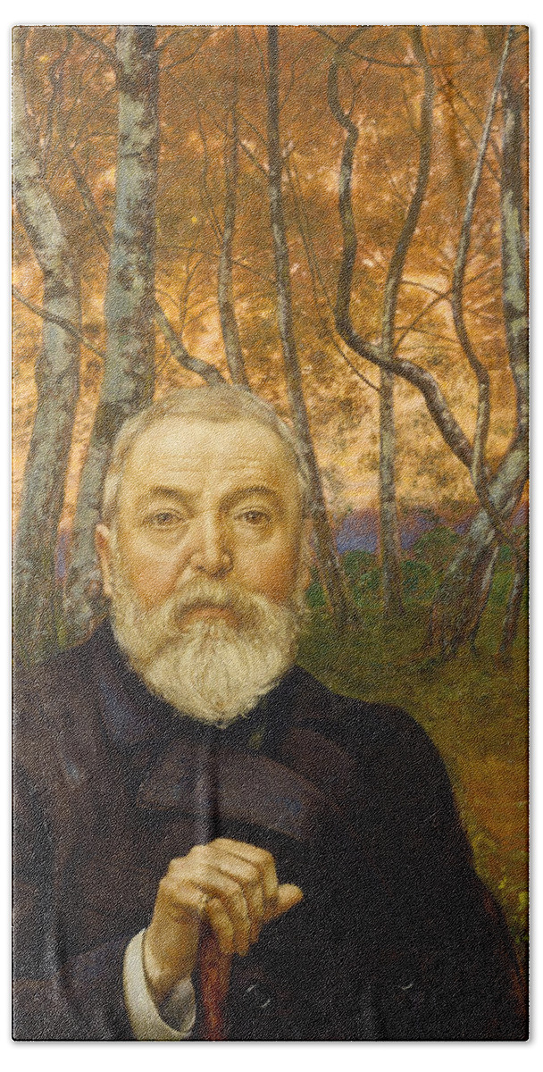 Hans Thoma Hand Towel featuring the painting Self-portrait in front of a birch forest by Hans Thoma