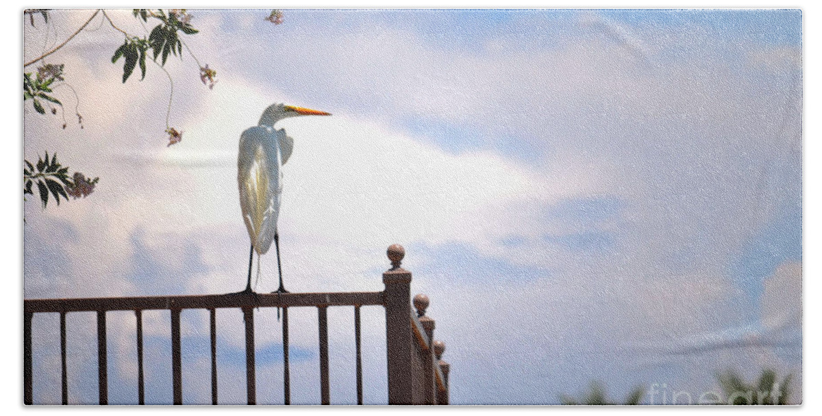 Great White Heron Hand Towel featuring the photograph Sentry by Deb Halloran