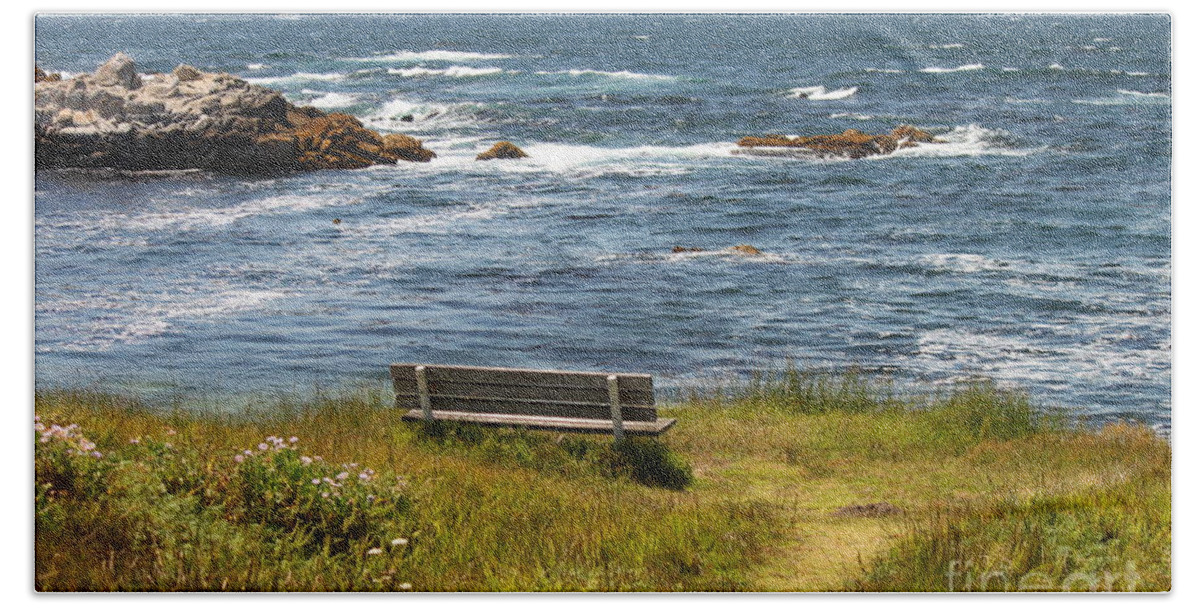 Seascape Bath Towel featuring the photograph Serenity Bench by Bev Conover