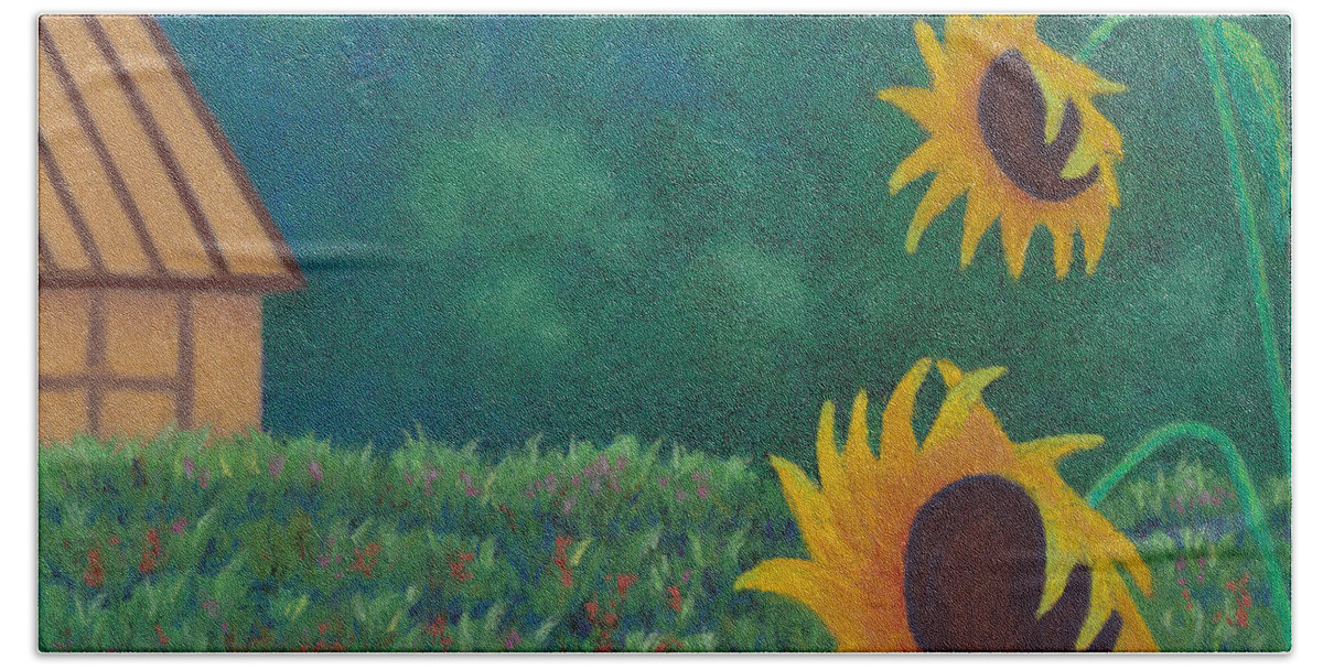 Sergi's Farm Hand Towel featuring the pastel Sergi's Sunflowers by Anne Katzeff