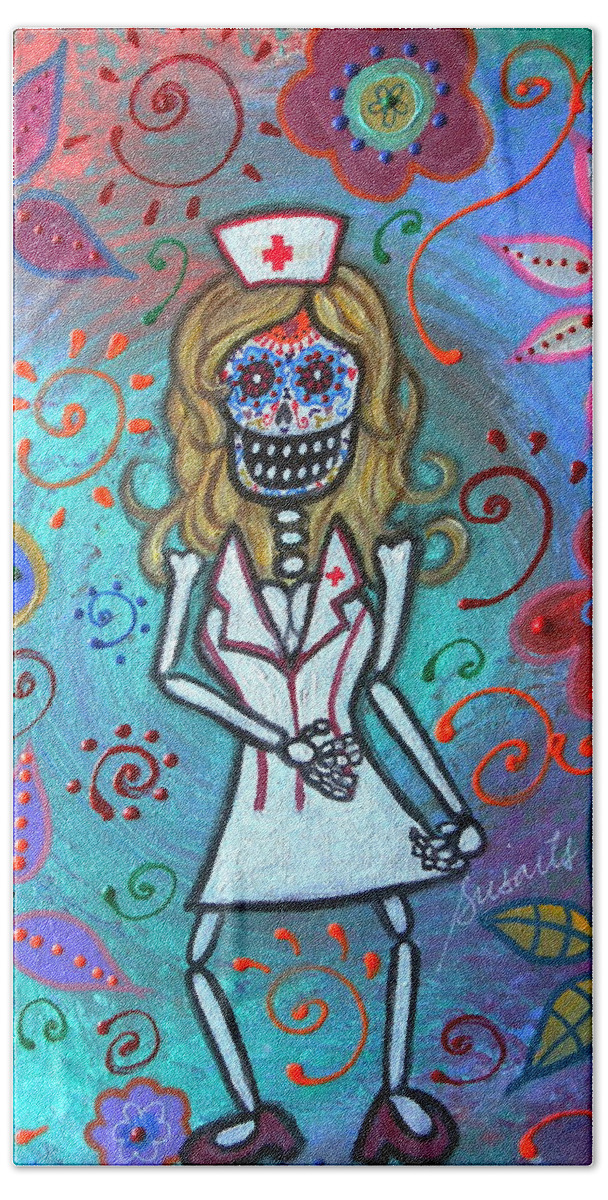 Sexy Bath Towel featuring the painting Sexy Blond Nurse Day Of The Dead by Pristine Cartera Turkus