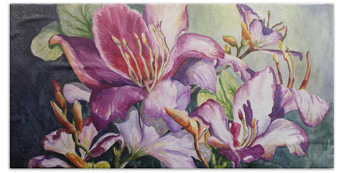 Orchids Bath Towel featuring the painting She Love Radiant Orchids by Roxanne Tobaison