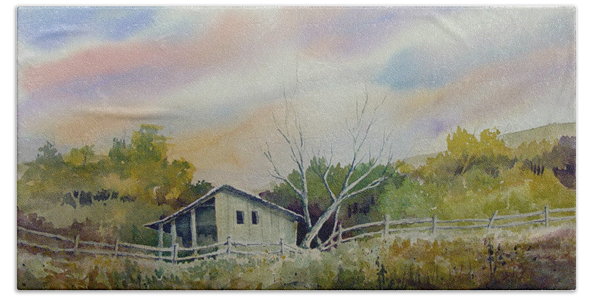 Shed Hand Towel featuring the painting Shed With A Rail Fence by Sam Sidders