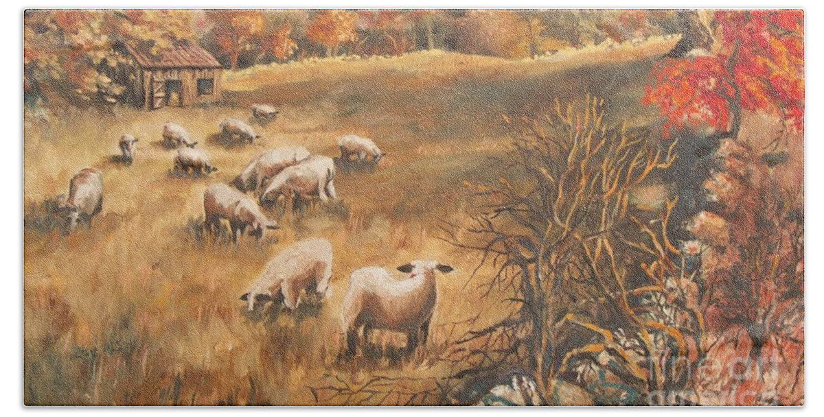 Oil Painting Hand Towel featuring the painting Sheep in October's field by Joy Nichols
