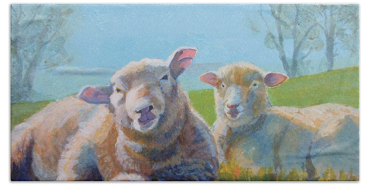 Sheep Bath Towel featuring the painting Sheep Lying Down by Mike Jory