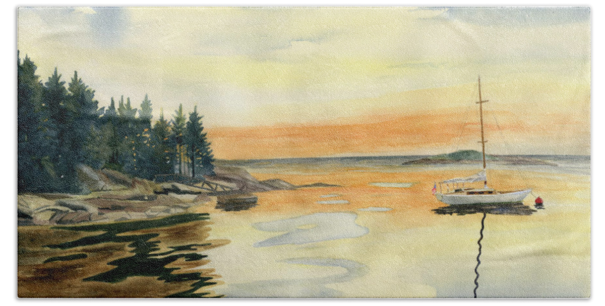 Sheepscot Bay Hand Towel featuring the painting Sheepscot Bay - Southport Island Maine by Melly Terpening