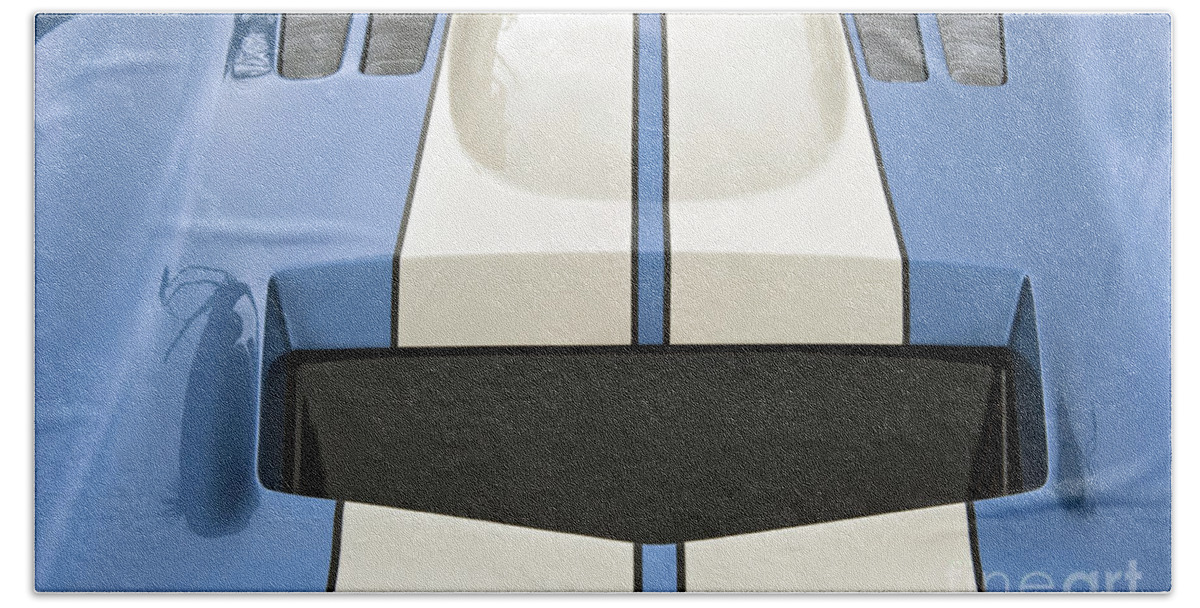 Shelby Motors Blue White Stripe Close Up Bath Towel featuring the photograph Shelby Motors Blue White Stripe Close Up by David Zanzinger