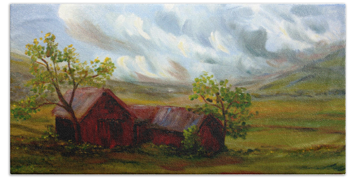 Landscape Hand Towel featuring the painting Shelter from the Storm by Meaghan Troup