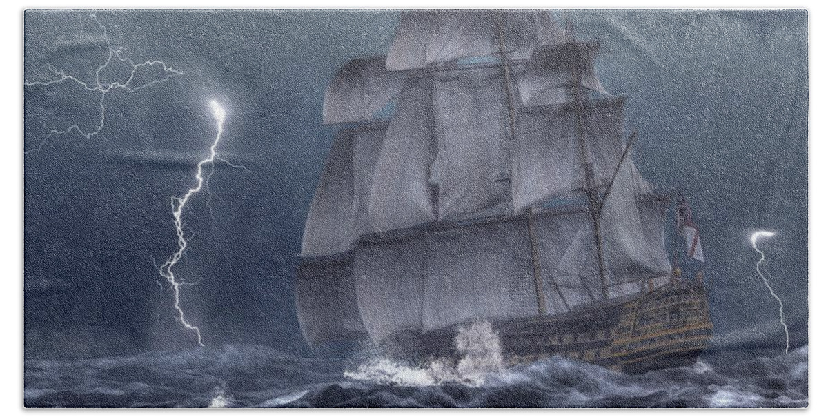 Hms Victory Hand Towel featuring the digital art Ship in a Storm by Daniel Eskridge