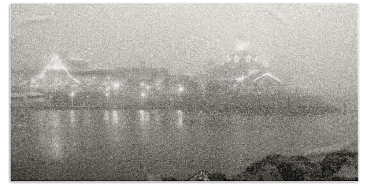 Long Beach Ca Hand Towel featuring the photograph Shoreline Village in the Fog by Denise Dube