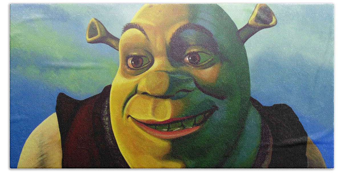 Shrek Hand Towel featuring the painting Shrek by Paul Meijering