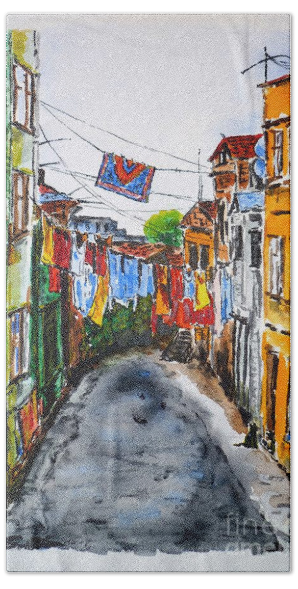 Side Street Bath Towel featuring the painting Side Street by Zaira Dzhaubaeva