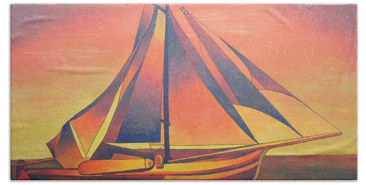 Sailboat Bath Towel featuring the painting Sienna Sails At Sunset by Taiche Acrylic Art