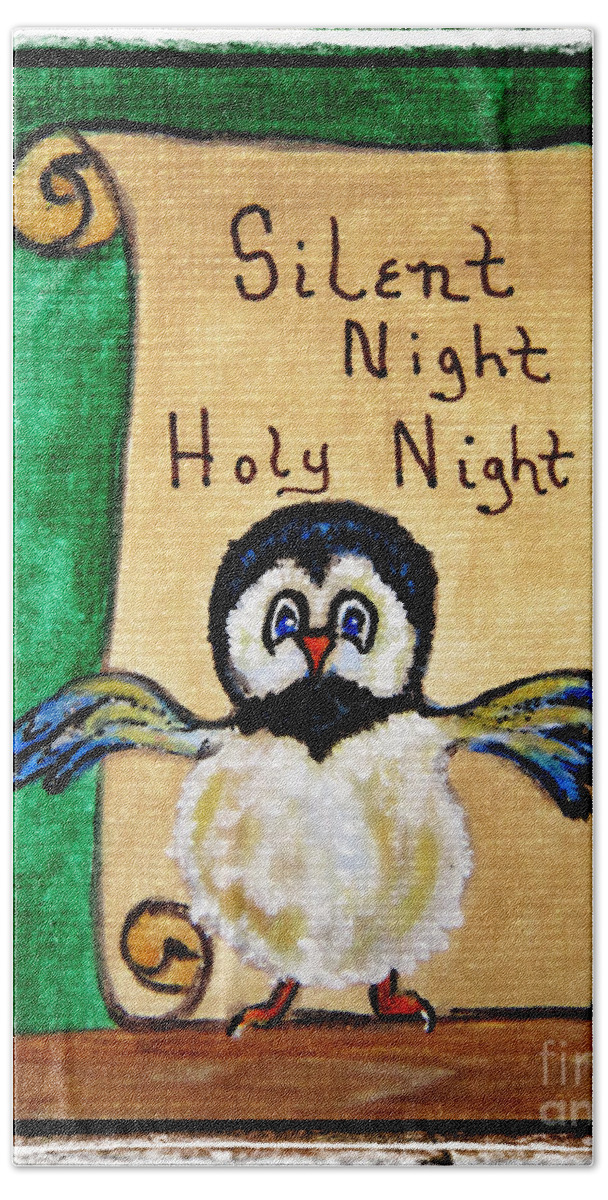 Christmas Bath Towel featuring the painting Silent Night - Whimsical Chickadee Choir Director by Ella Kaye Dickey