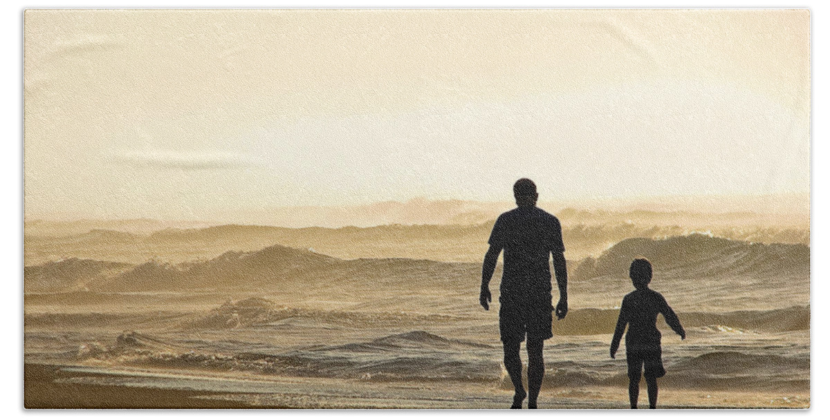 Ocean-walk Hand Towel featuring the photograph Silhouetted Father and Son Walk Beach by Jo Ann Tomaselli