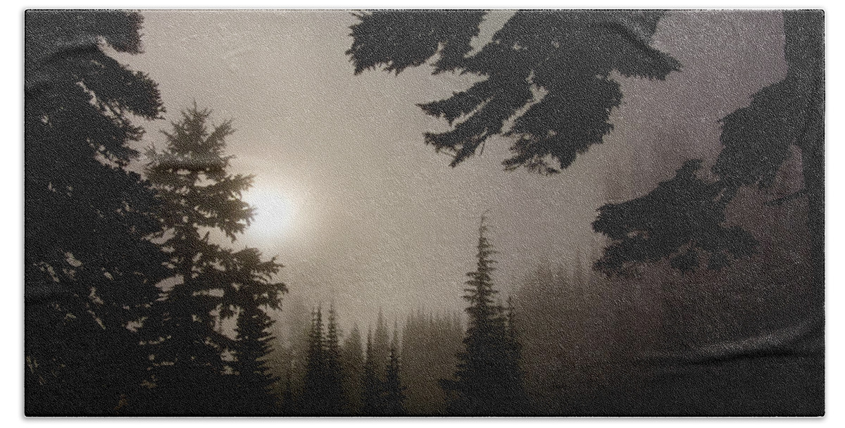 Landscape Bath Towel featuring the photograph Silhouettes of Trees on Mt Rainier by Greg Reed