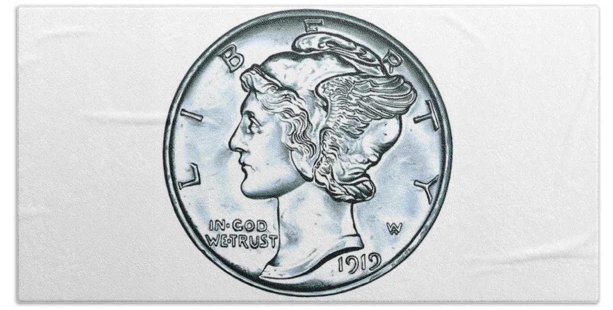 Coin Bath Towel featuring the drawing Silver Mercury Dime by Fred Larucci
