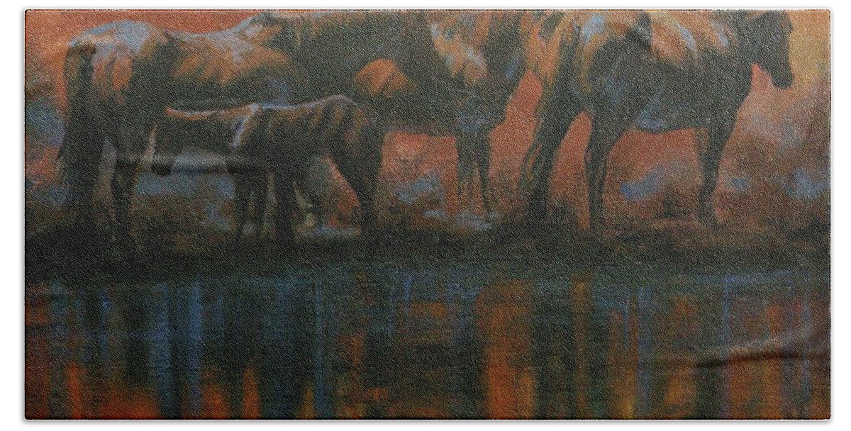 Horses Bath Sheet featuring the painting Simmerdim by Mia DeLode
