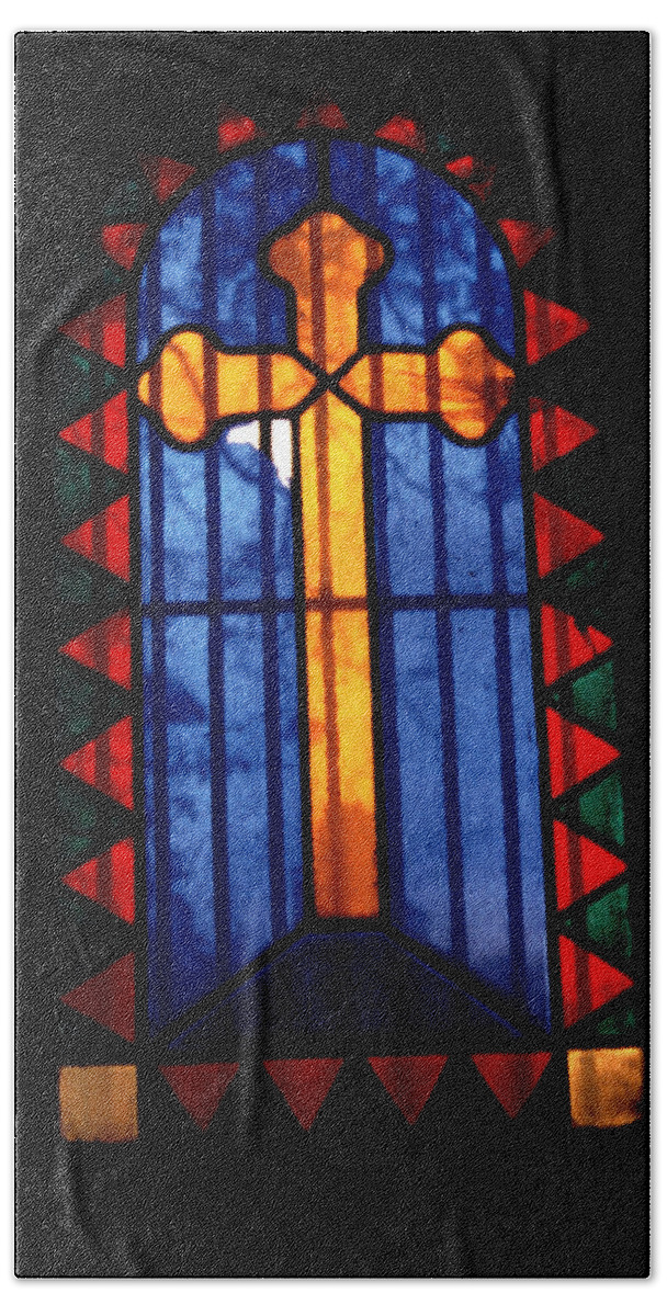 Moving Bath Towel featuring the photograph Simple Stain Glass Cross Pere Lachaise Paris by Tom Wurl