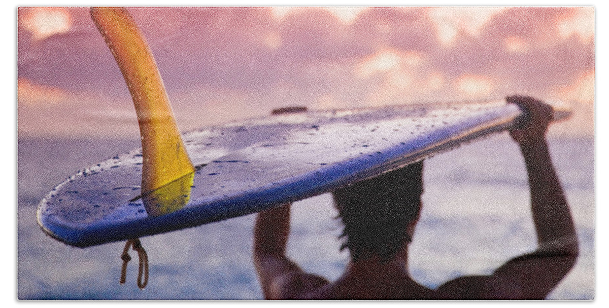 Sunset Hand Towel featuring the photograph Single Fin Surfer by Sean Davey