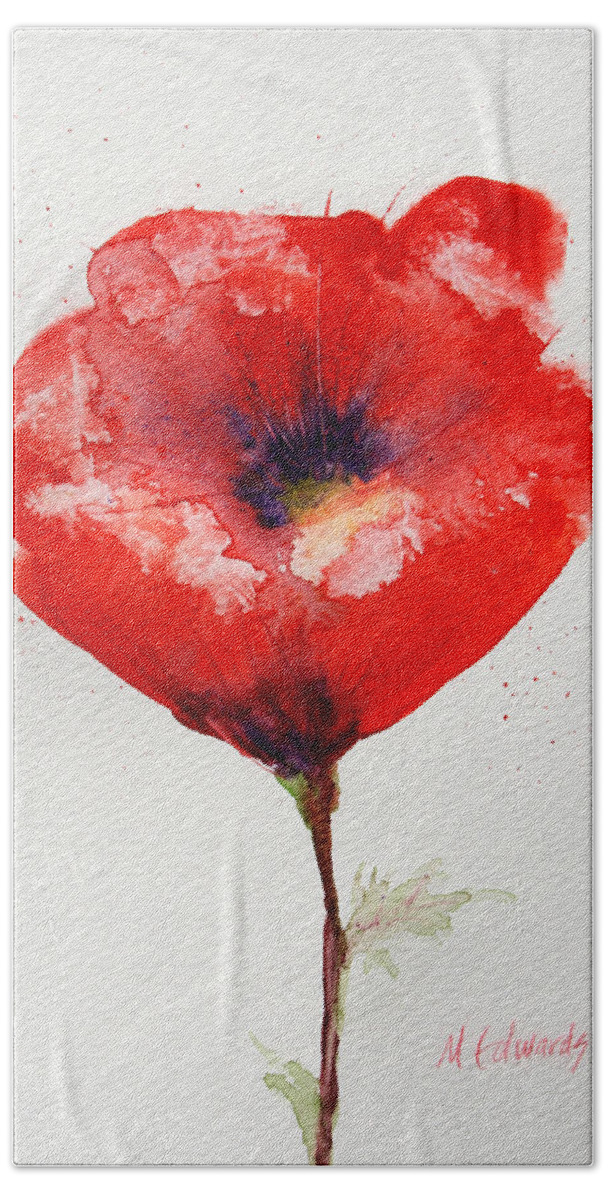 Anemone Hand Towel featuring the painting Single Red Anemone by Marna Edwards Flavell