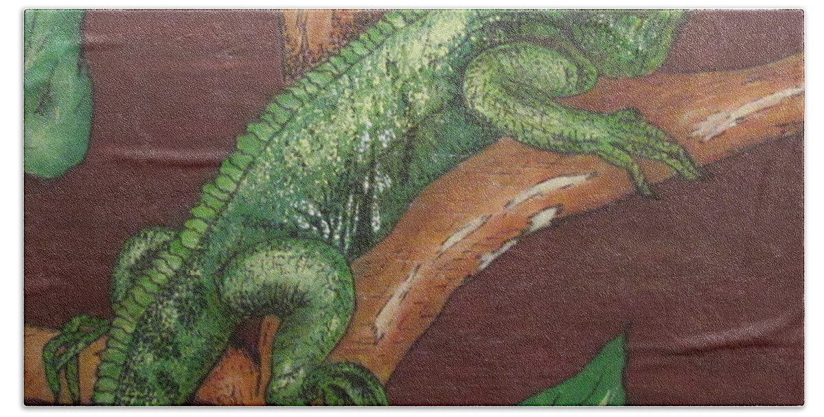 Print Bath Towel featuring the painting Sir Iguana by Ashley Goforth