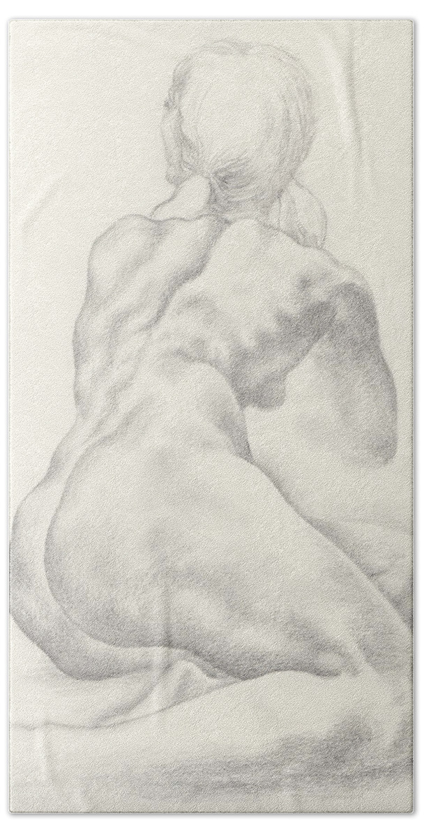 Female Nude Bath Towel featuring the drawing Sitting Female Nude in 4B Graphite with Twin Pony Tails Seen from Behind Looking Up to Her Left by Scott Kirkman
