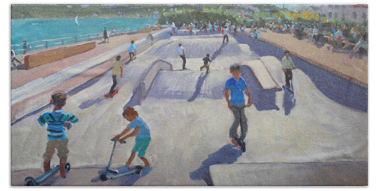 Andrew Macara Bath Towel featuring the painting Skateboaders Teignmouth by Andrew Macara