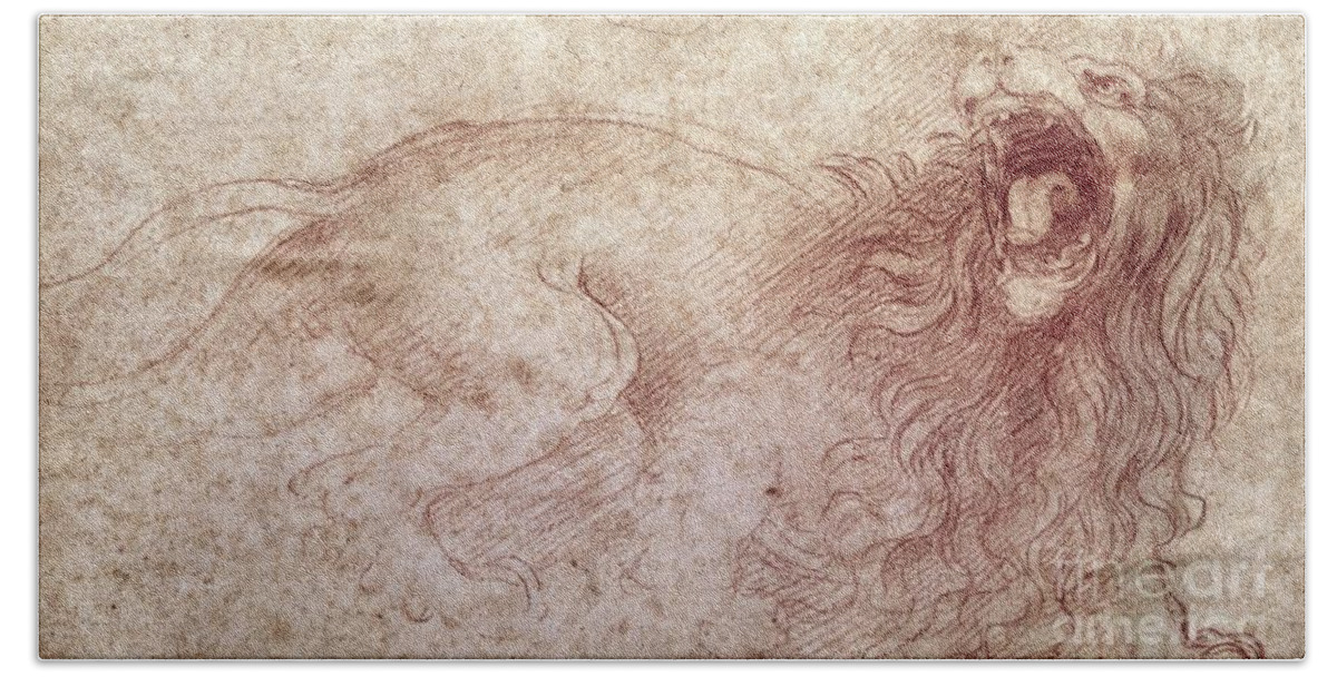 Leonardo Hand Towel featuring the drawing Sketch of a roaring lion by Leonardo Da Vinci