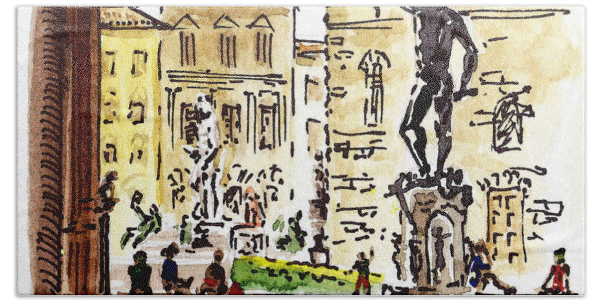Italy Bath Towel featuring the painting Sketching Italy Florence Palazzo Vecchio Piazza by Irina Sztukowski