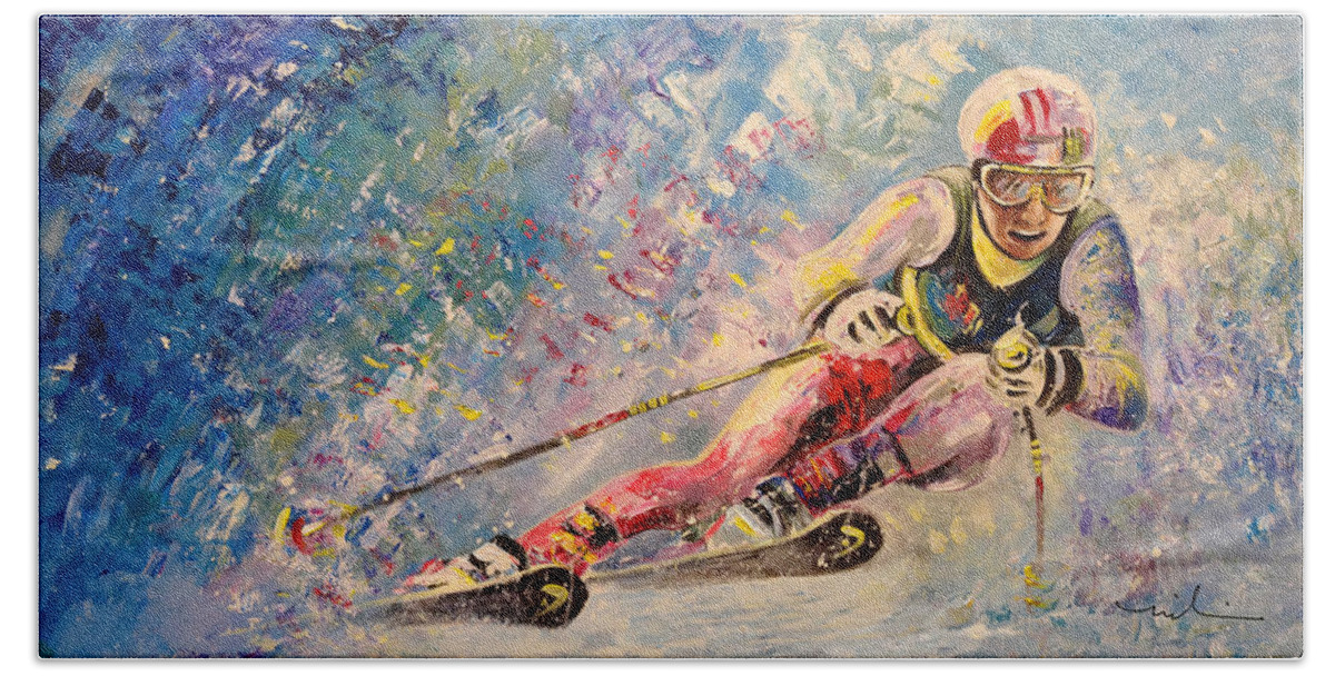 Sports Hand Towel featuring the painting Skiing 08 by Miki De Goodaboom