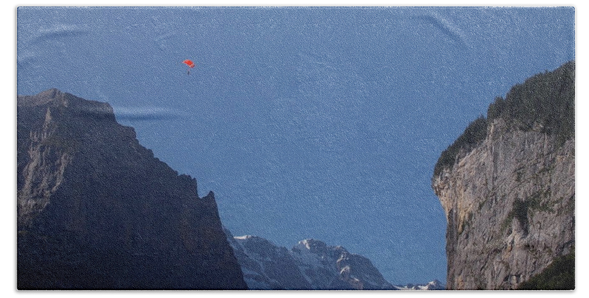 Skydiver Hand Towel featuring the photograph Skydiver over Lauterbrunnen by Nina Kindred