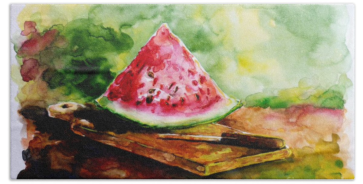 Watermelon Hand Towel featuring the painting Sliced Watermelon by Zaira Dzhaubaeva