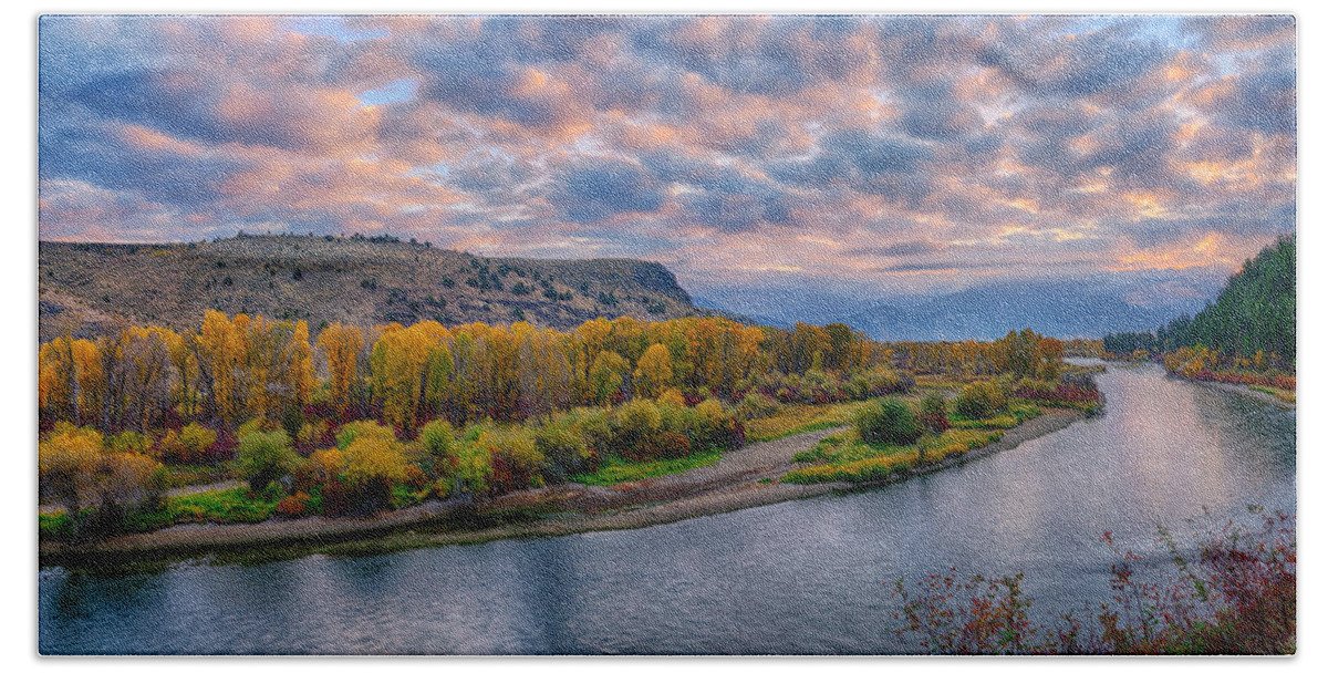 Snake River Bath Towel featuring the photograph Snake River Autumn Sunrise Panorama by Greg Norrell