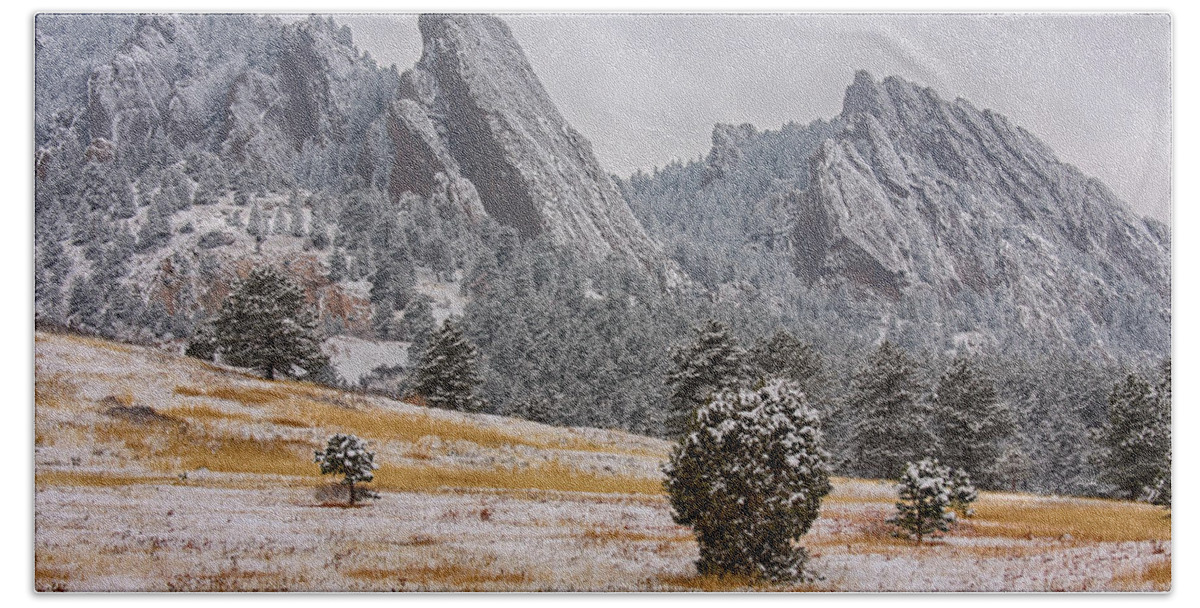 Winter Landscape Bath Towel featuring the photograph Snow Dusted Flatiron View Boulder Colorado by James BO Insogna