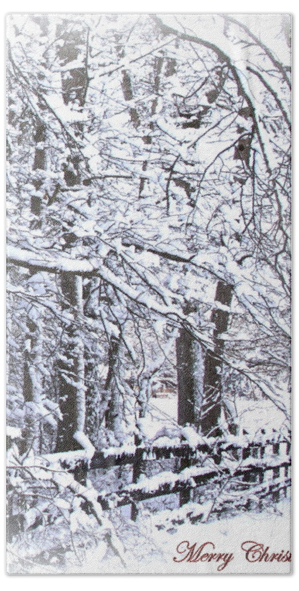 Snowy Woods Bath Towel featuring the photograph Snow-IMG-2174-Merry Christmas by Travis Truelove