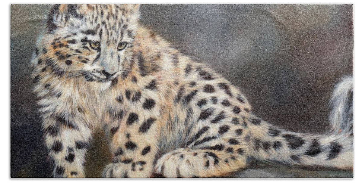 Snow Leopard Bath Towel featuring the painting Snow Leopard Cub by David Stribbling