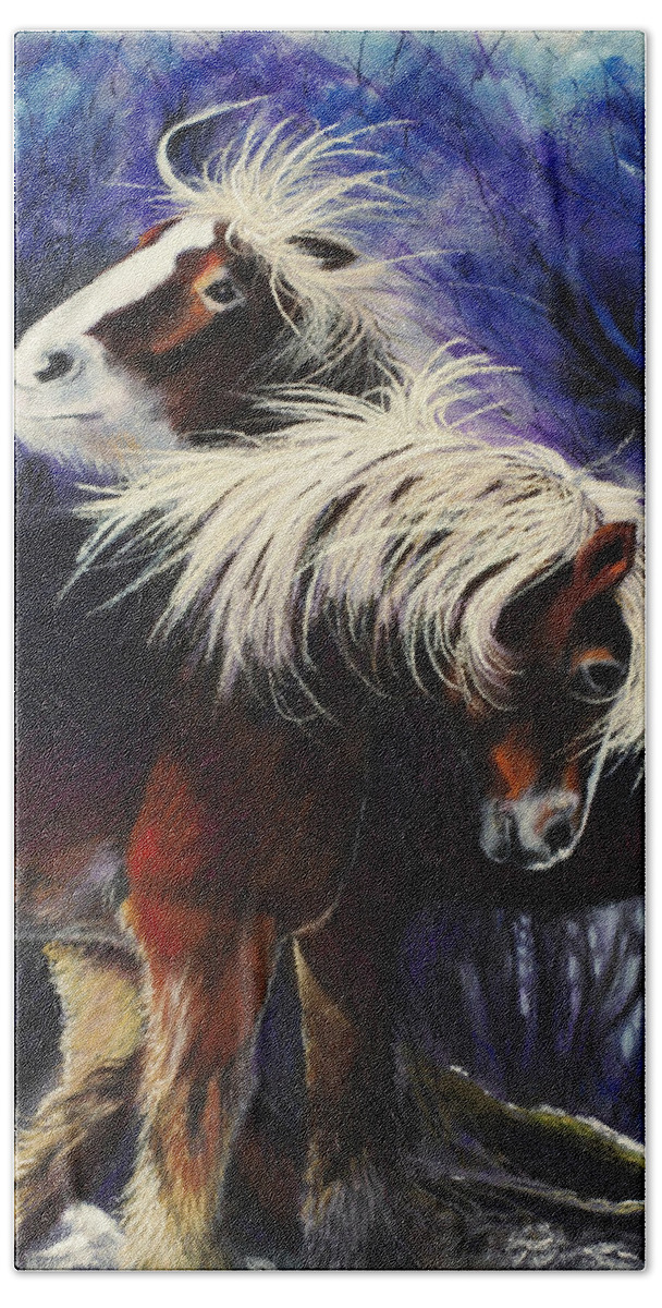 Horse Pony Ponies Horses Snow Winter Purple Shetland Shaggy Companionship Love Windy Tousled Red Animals Nature Bath Towel featuring the pastel Snow Ponies by Brenda Salamone