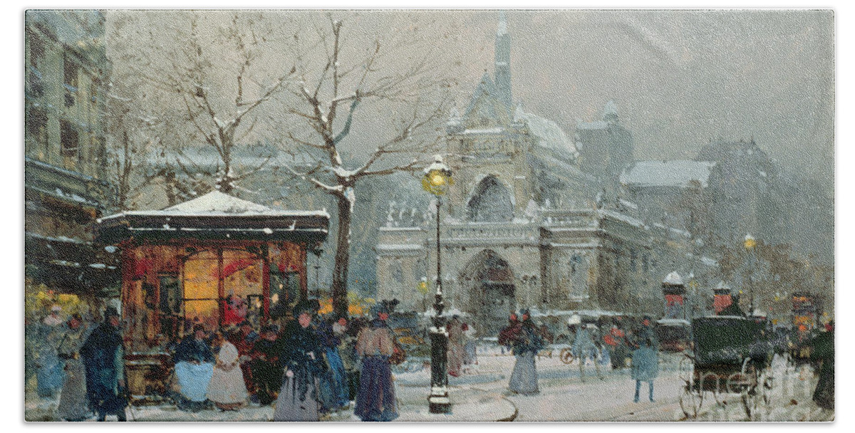 Gas Light Bath Sheet featuring the painting Snow Scene in Paris by Eugene Galien-Laloue