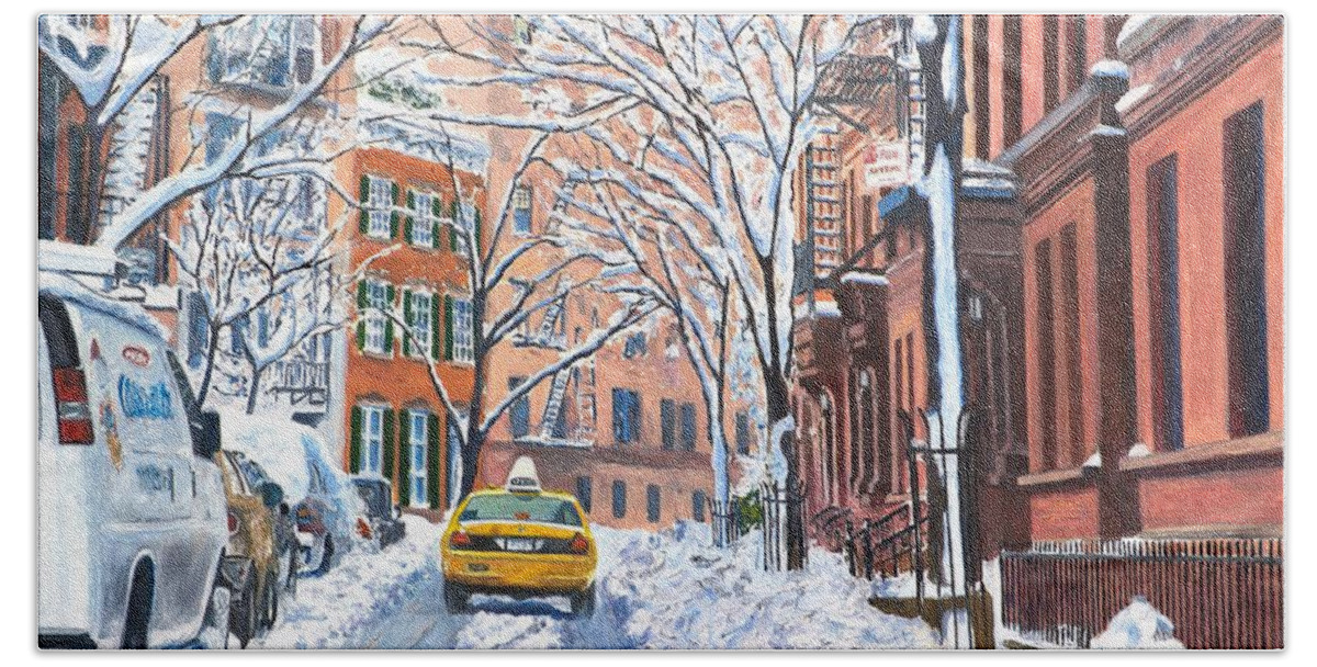 Snow Hand Towel featuring the painting Snow West Village New York City by Anthony Butera