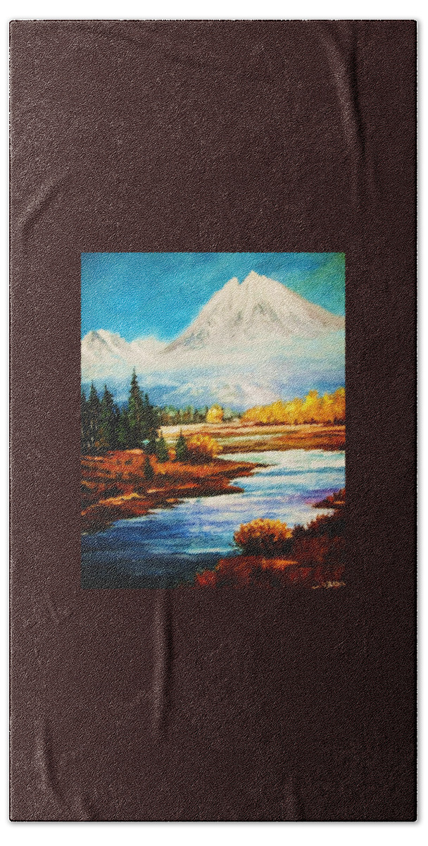 Mountains Hand Towel featuring the painting Snow White Peaks by Al Brown