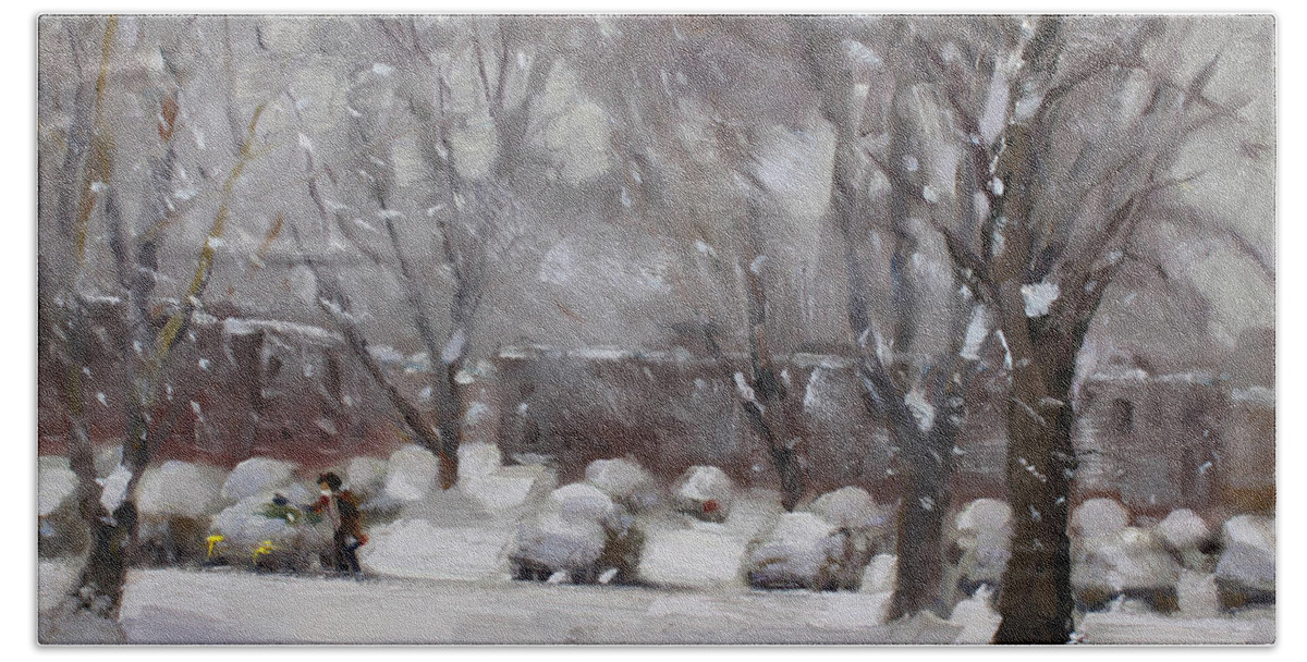 Snowfall Hand Towel featuring the painting Snowfall in Royal Park Apartments by Ylli Haruni