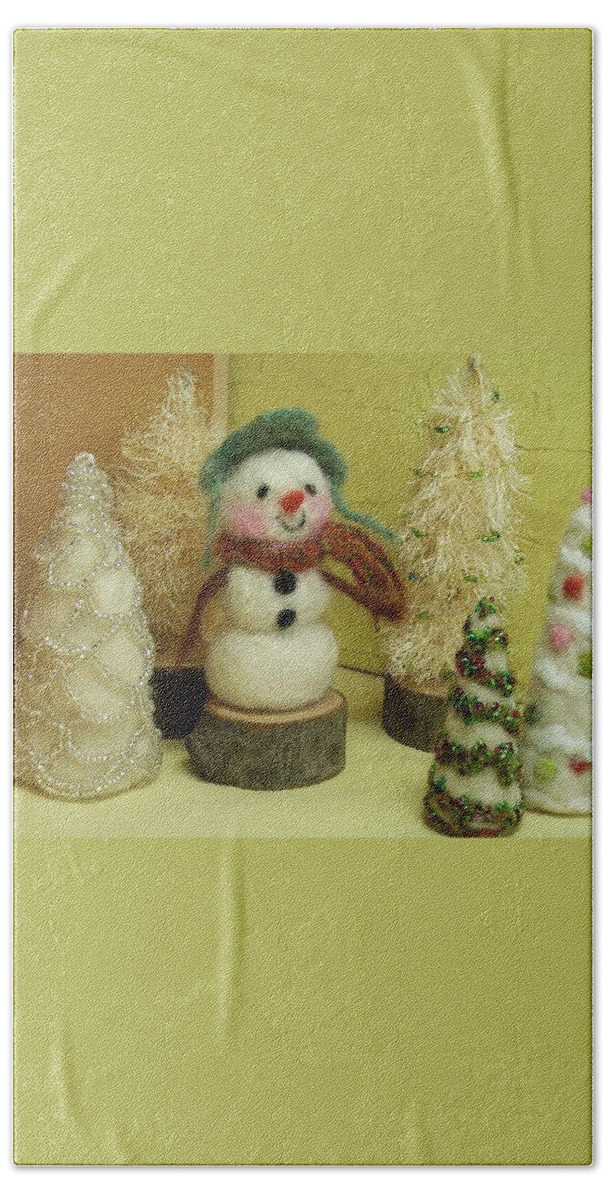 Snowman Bath Towel featuring the photograph Snowman and Trees Holiday by Mary Wolf