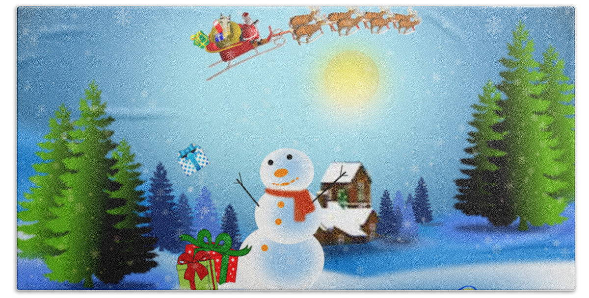 Christmas Bath Towel featuring the digital art Snowmen receive gifts too by Spikey Mouse Photography