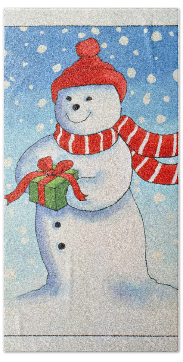 Snowman Hand Towel featuring the painting Snowmans Christmas Present by Lavinia Hamer