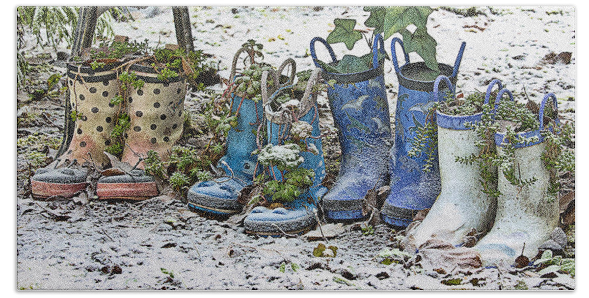 Yard Art Bath Towel featuring the photograph Snowy Cold Rubber Boots by Ron Roberts