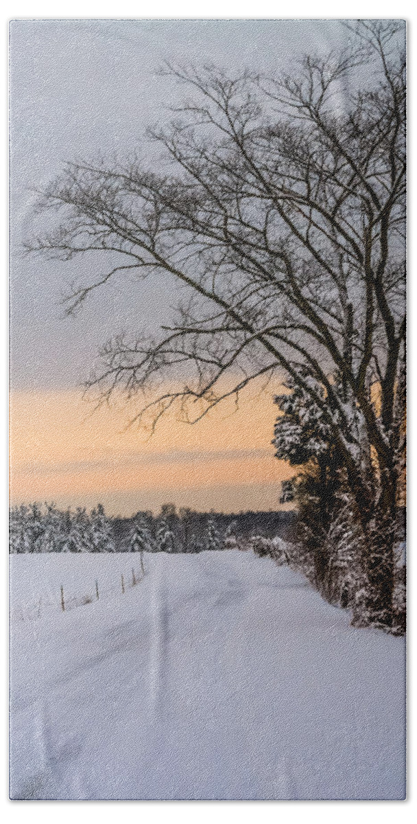Snow Bath Towel featuring the photograph Snowy Country Road by Holden The Moment