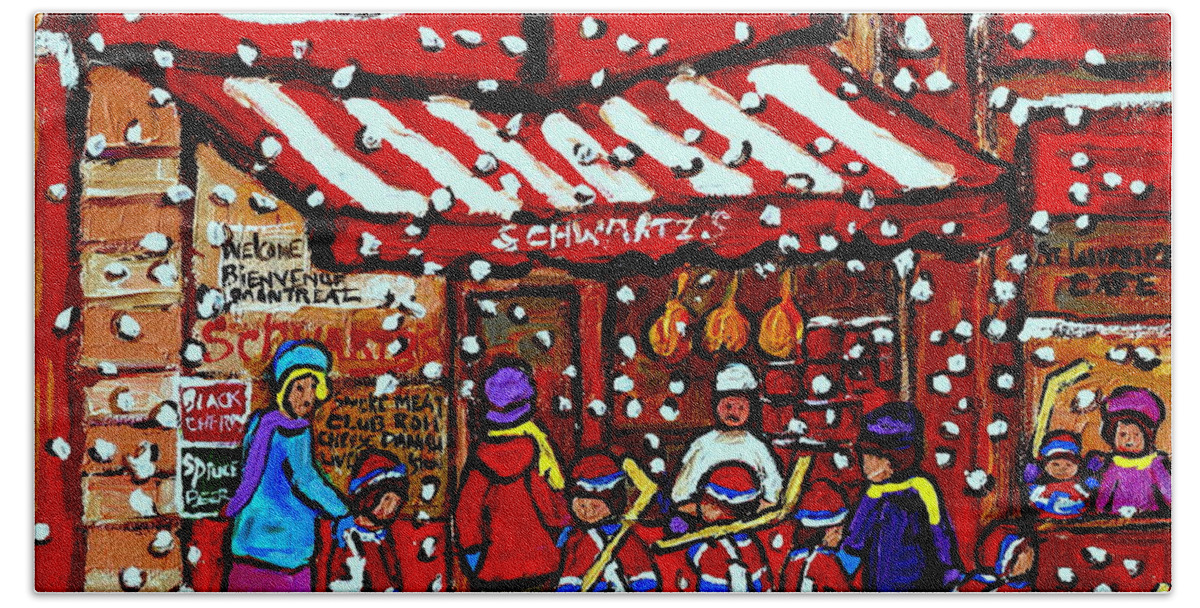 Montreal Bath Towel featuring the painting Snowy Day Montreal Paintings Schwarts Deli Smoked Meat After The Hockey Game Carole Spandau Art by Carole Spandau