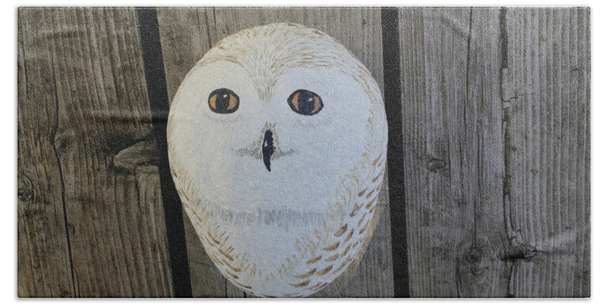 Snowy Hand Towel featuring the painting Snowy Owl Rock by Monika Shepherdson