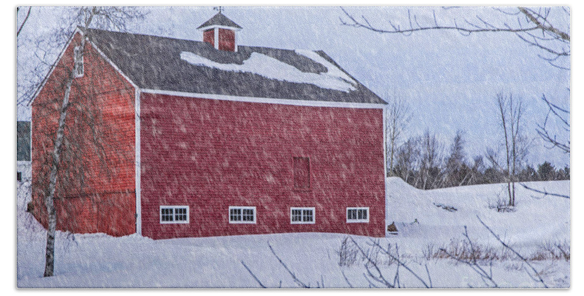 Maine Bath Towel featuring the photograph Snowy Red Barn by Alana Ranney